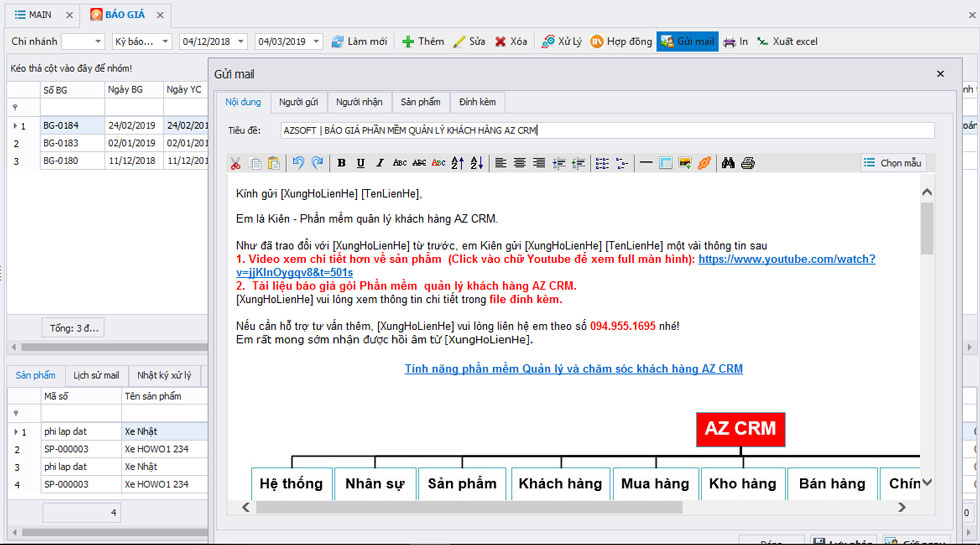 AZ CRM – Gửi mail báo giá