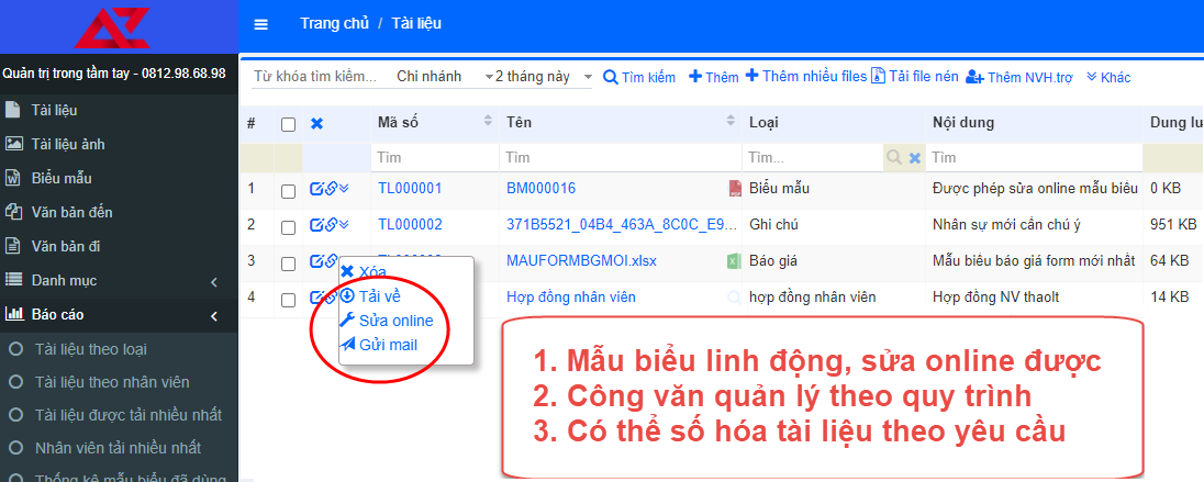 Kho tài liệu mẫu biểu có thể sữa online trên phần mềm AZ ERP