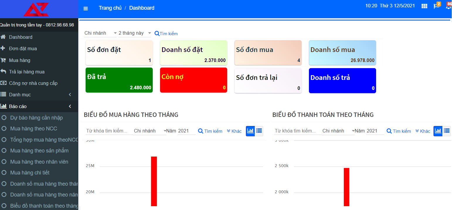 Quản lý mua hàng trên phần mềm quản lý khách hàng AZ CRM