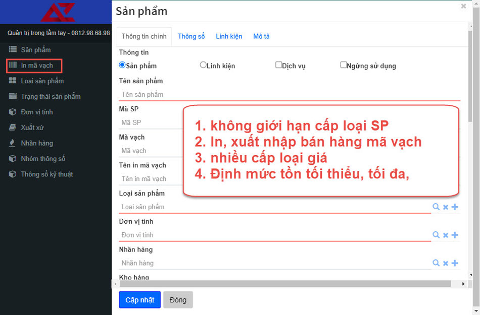 Quản lý sản phẩm dịch vụ của dự án công việc AZ PROJECT