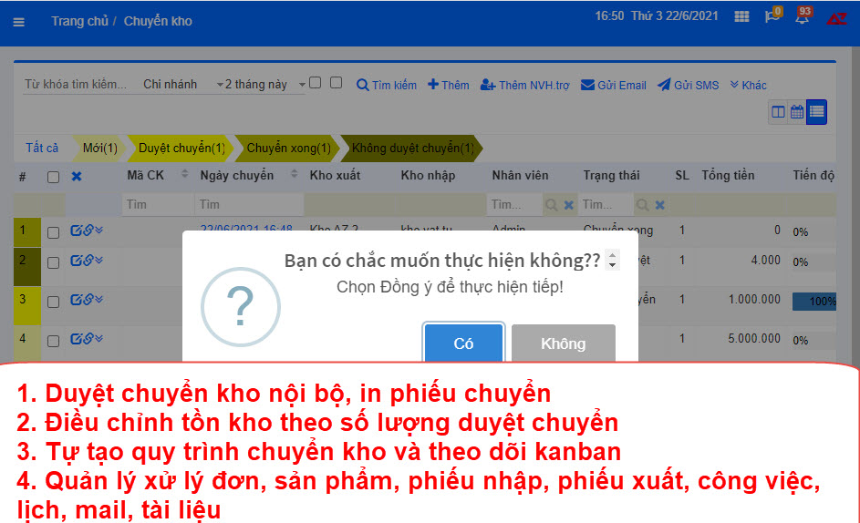 Quản lý chuyển kho trên hệ thống phần mềm AZ Store